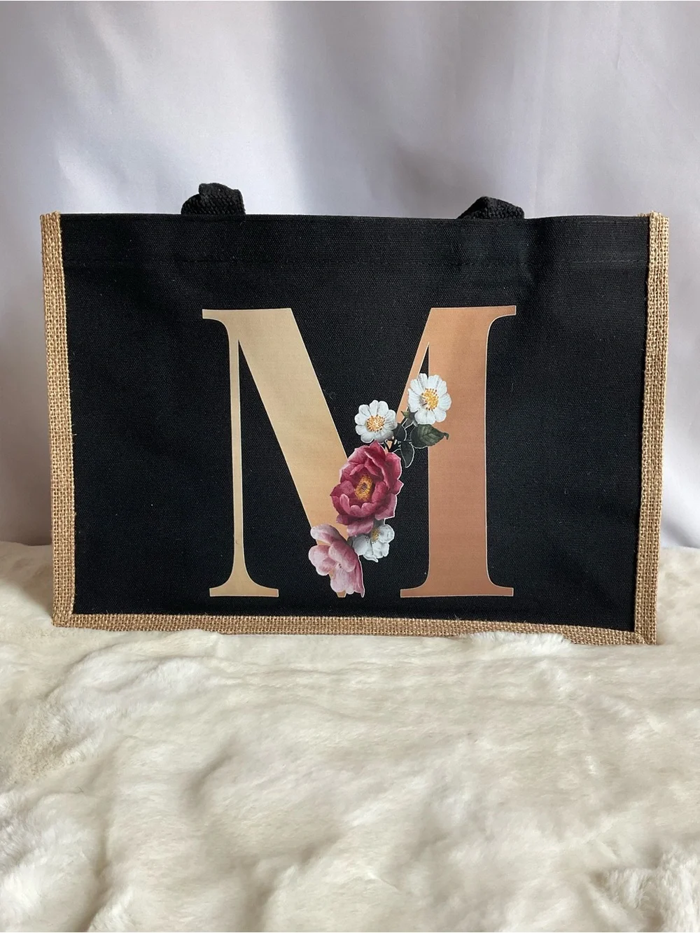 Monogram M Floral textile &  Tote Bag – Black & Natural – Large Carryall